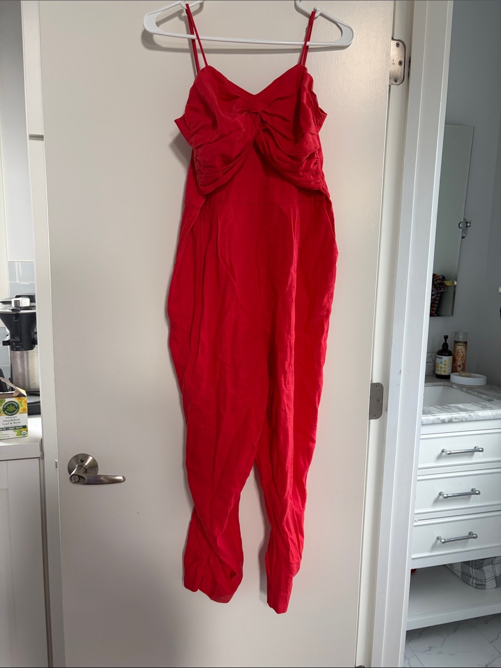 FARM Rio Red Twisted-Bodice Spaghetti-Strap Jumpsuit